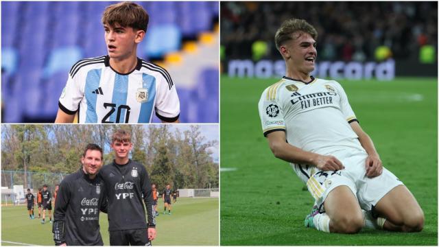 Nico Paz, con Argentina y celebrando su primer gol con el Real Madrid