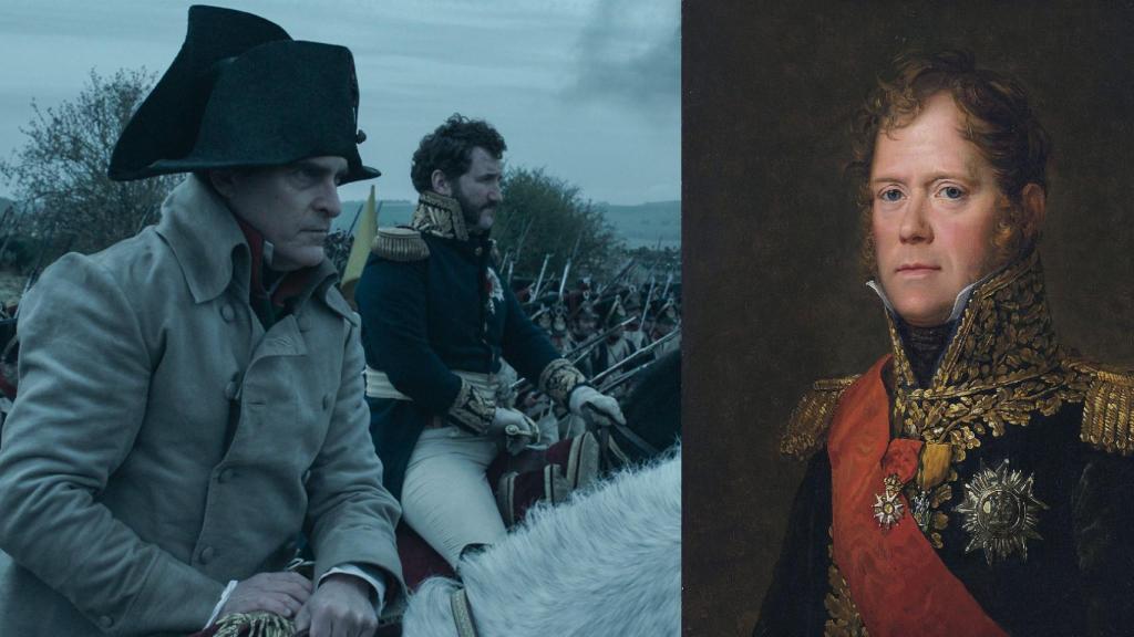 Fotograma de la película en el que aparecen Joaquín Phoenix como Napoleón y John Hollingworth como Ney, y un retrato del mariscal pintado por François Gérard.