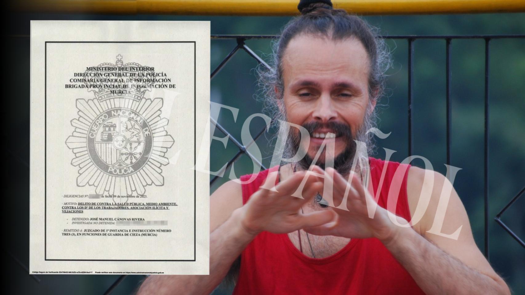 José Manuel Cánovas, el 'Lama de Murcia', junto a un detalle de las diligencias del Grupo de Sectas.