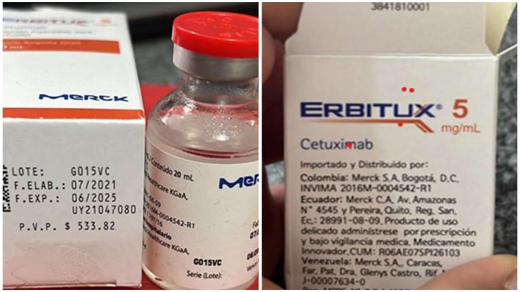 Imágenes del lote G015VC del último producto falsificado registrado, el Erbitux.