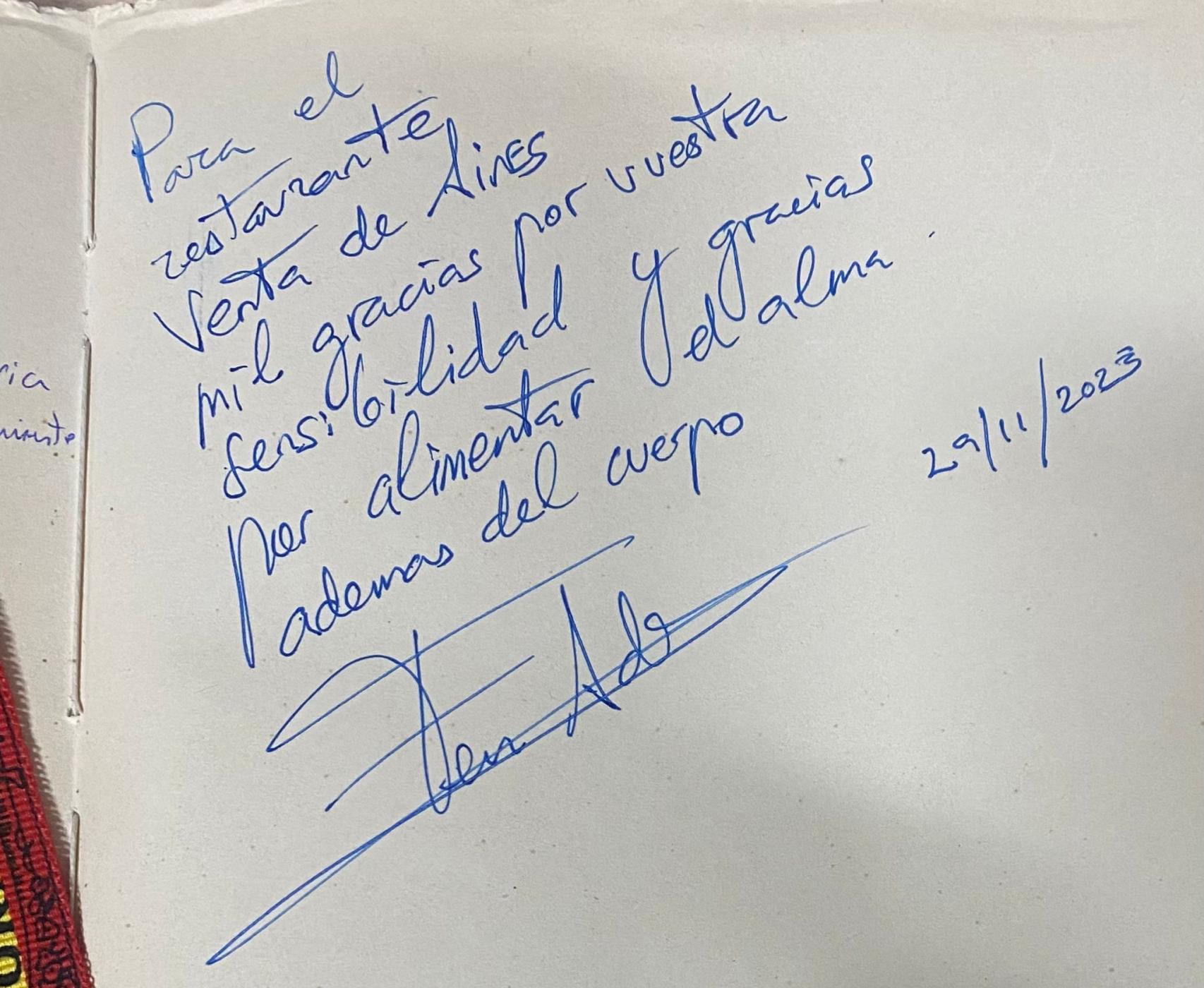 Dedicatoria de Ferran Adrià a Venta de Aires.
