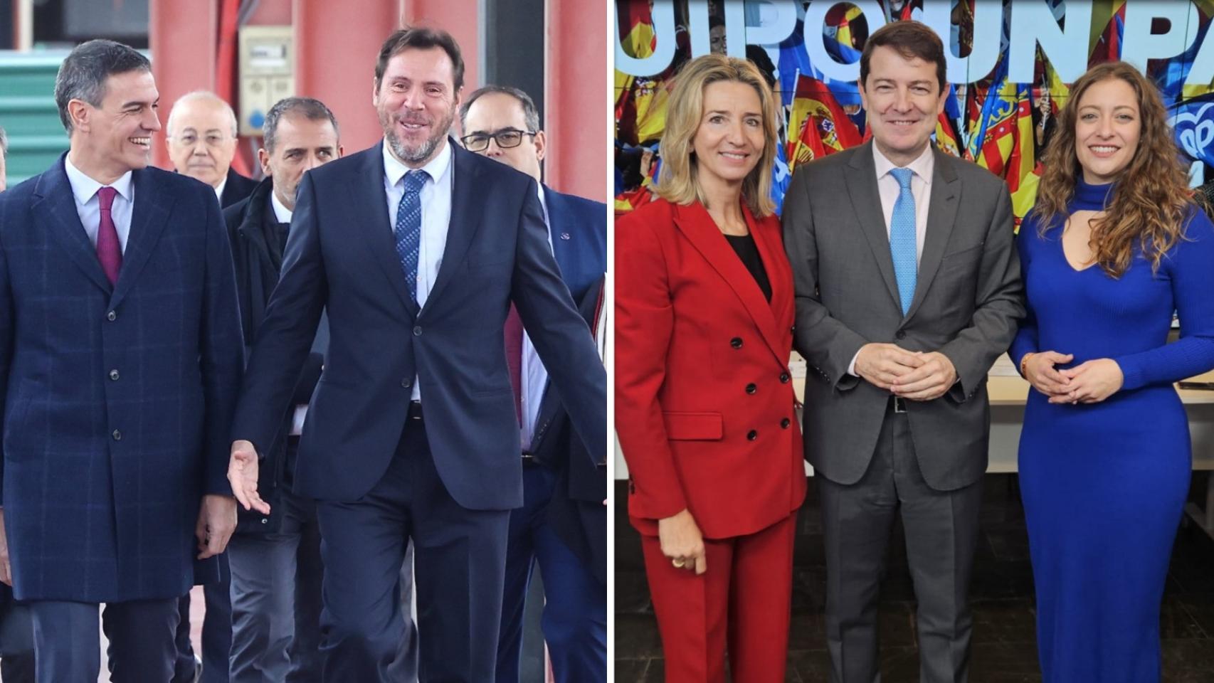El presidente del Gobierno, Pedro Sánchez, el ministro de Transportes, Óscar Puente, la portavoz del PP en el Senado, Alicia García, el presidente de la Junta, Alfonso Fernández Mañueco y la vicesecretaria de Sanidad y Educación, Ester Muñoz, en un montaje de EL ESPAÑOL.