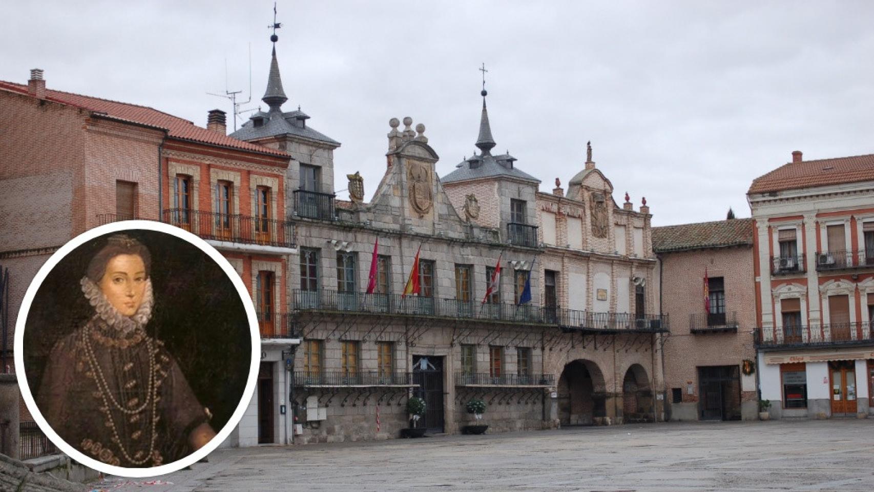 Imagen de Beatriz de Bobadilla y Ulloa y de la Plaza de la Hispanidad de Medina del Campo, en un montaje de EL ESPAÑOL.