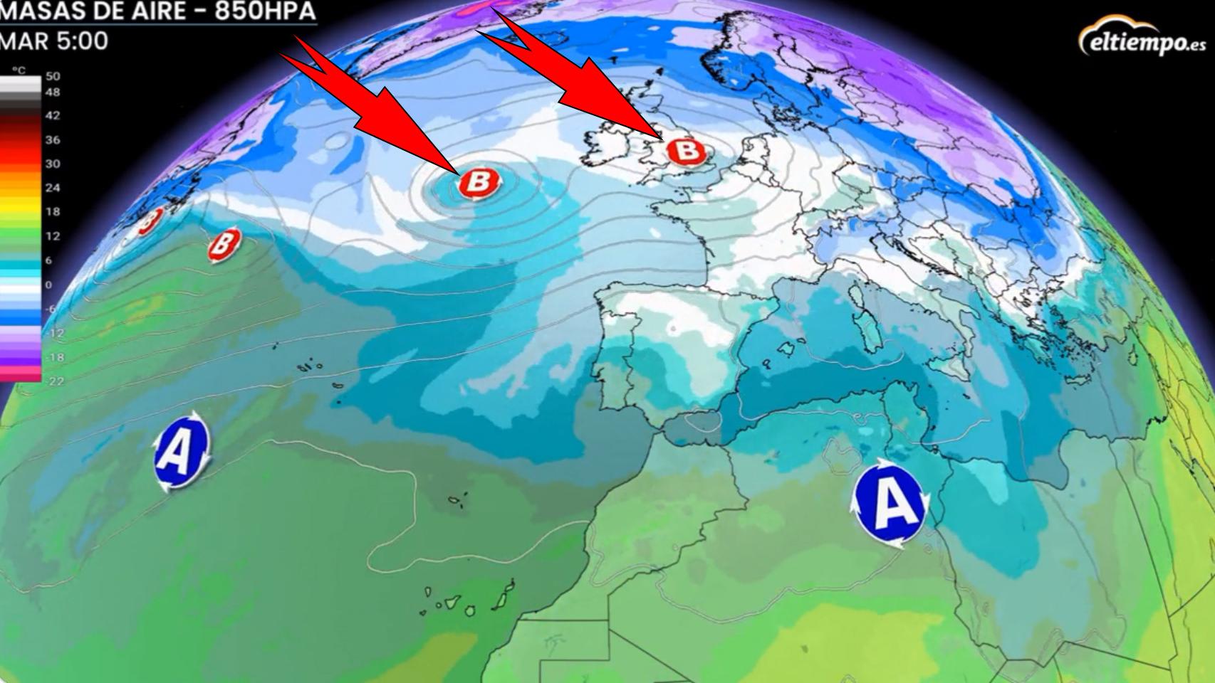 Las bajas presiones que desplomarán las temperaturas la próxima semana. ElTiempo.es.