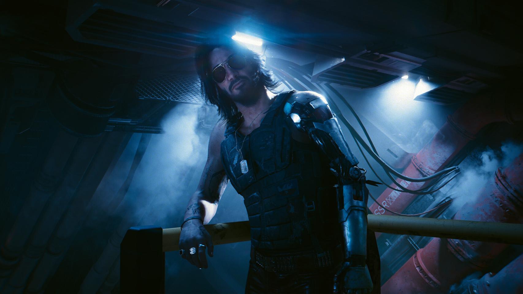 Keanu Reeves, caracterizado como Johnny Silverhand