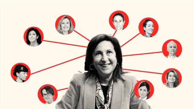 Margarita Robles. A su alrededor, siguiendo las manecillas del reloj: María Teresa Gordillo (general de brigada), Margarita Pardo de Santayana (teniente coronel, preceptora de la princesa Leonor), Esperanza Casteleiro (directora del CNI), Amparo Valcarce (secretaria de Estado de Defensa), Loreto Gutiérrez Hurtado (directora del Departamento de Seguridad Nacional), María del Carmen Gómez Hurtado (cabo, primera mujer en protagonizar el salto en paracaídas durante el Día de las Fuerzas Armadas y en el desfile del Día de la Hispanidad), Begoña Aramendía Rodríguez de Austria (vicesecretaria general técnica del Ministerio de Defensa), Adoración Mateos Tejada (subsecretaria de Estado del Ministerio de Defensa), Patricia Ortega (asesora de la Secretaría de Estado de Defensa y general de División).