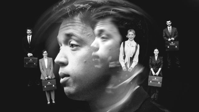 En primer plano, el diputado de Sumar Íñigo Errejón. En segundo, de izquierda a derecha: Ernest Urtasun, Mónica García, Yolanda Díaz, Sira Rego y Pablo Bustinduy.