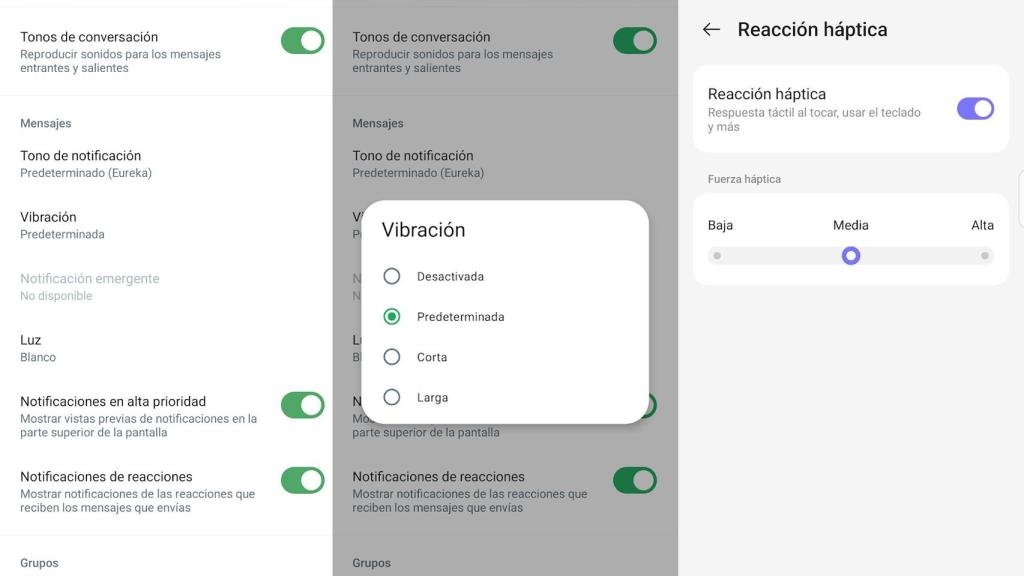 Ajustes de aplicación y reacción háptica