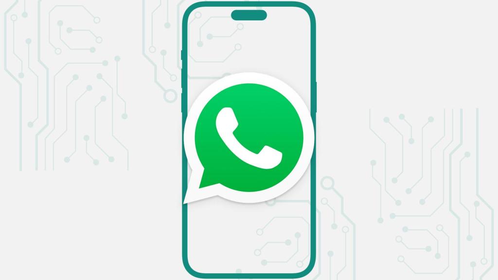 Fotomontaje con la maqueta de un iPhone 15 y con el logo de WhatsApp.