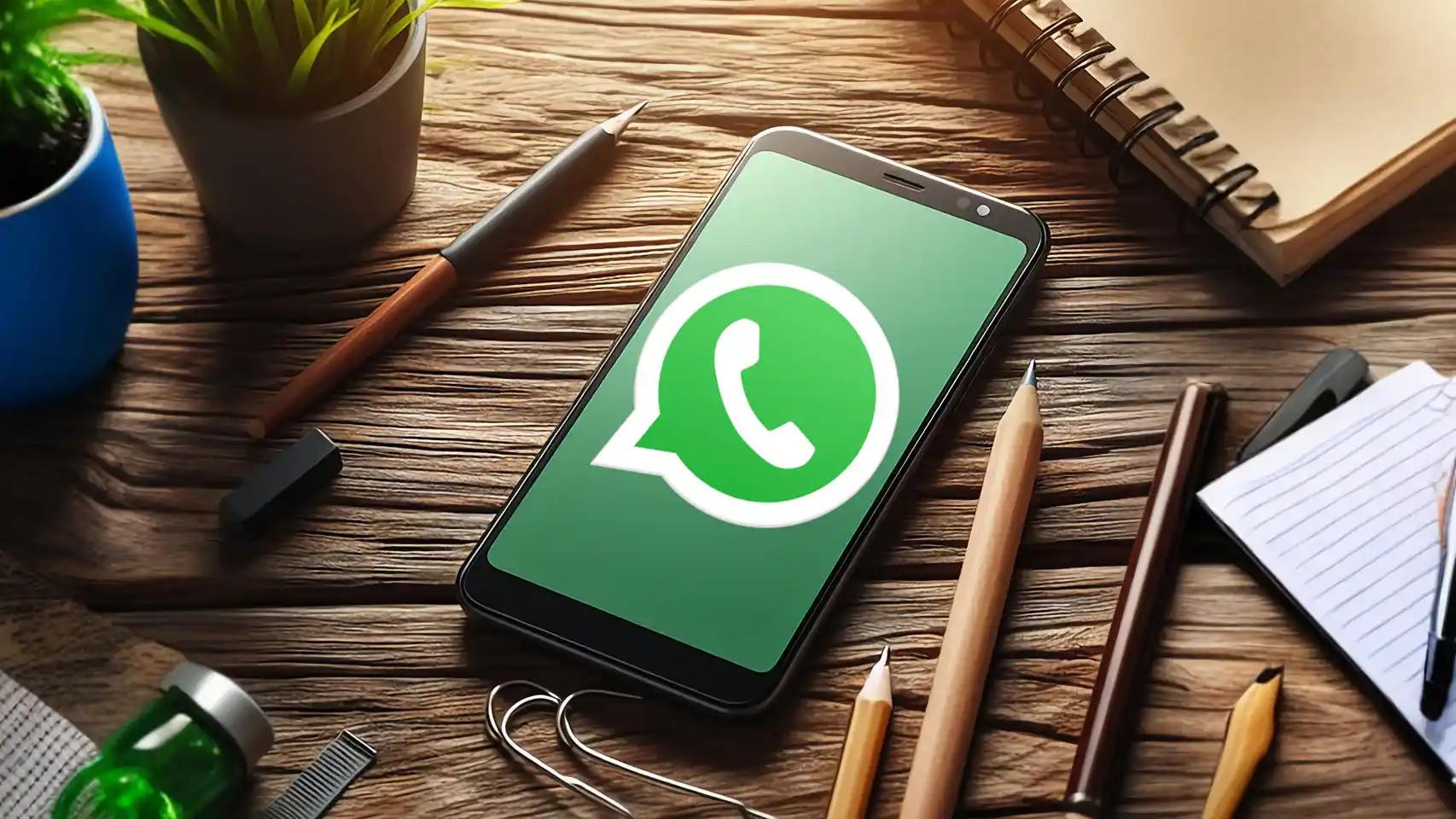 Móvil con el icono de WhatsApp en una mesa