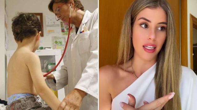 Una sanitaria explorando a un niño y una captura del vídeo viral.