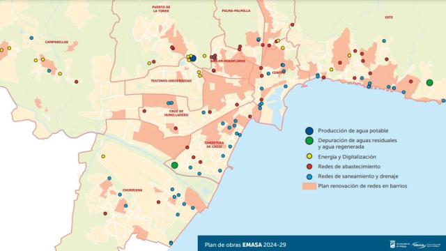 Mapa de Málaga con todas las obras proyectadas por Emasa en los próximos años.