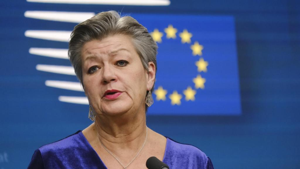 La comisaria de Interior, Ylva Johanson, durante su rueda de prensa de este martes en Bruselas