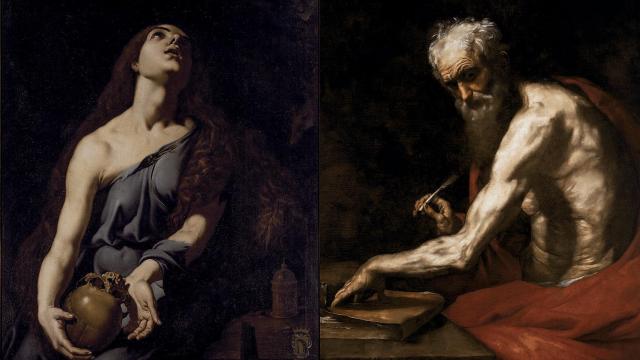 De izquierda a derecha, Pedro Orrente: 'Magdalena penitente', h. 1625 (Museo de Bellas Artes de Valencia).  José de Ribera: 'San Jerónimo como escriturario', 1613 (Museo de Bellas Artes de Murcia)