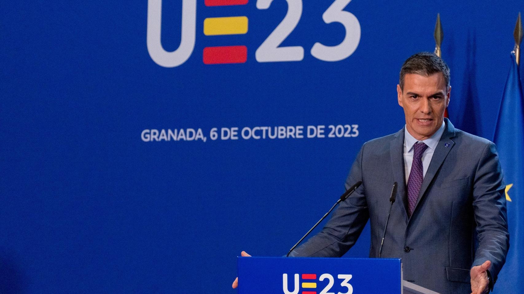 El presidente del Gobierno, Pedro Sánchez, durante una comparecencia de prensa