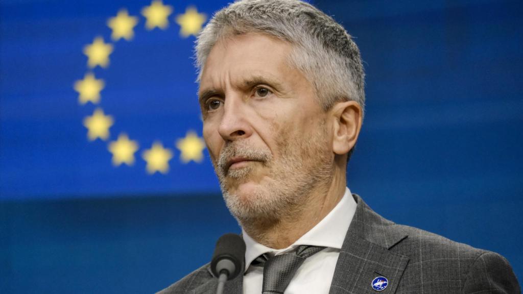 El ministro del Interior, Fernando Grande-Marlaska, durante su rueda de prensa de este martes en Bruselas
