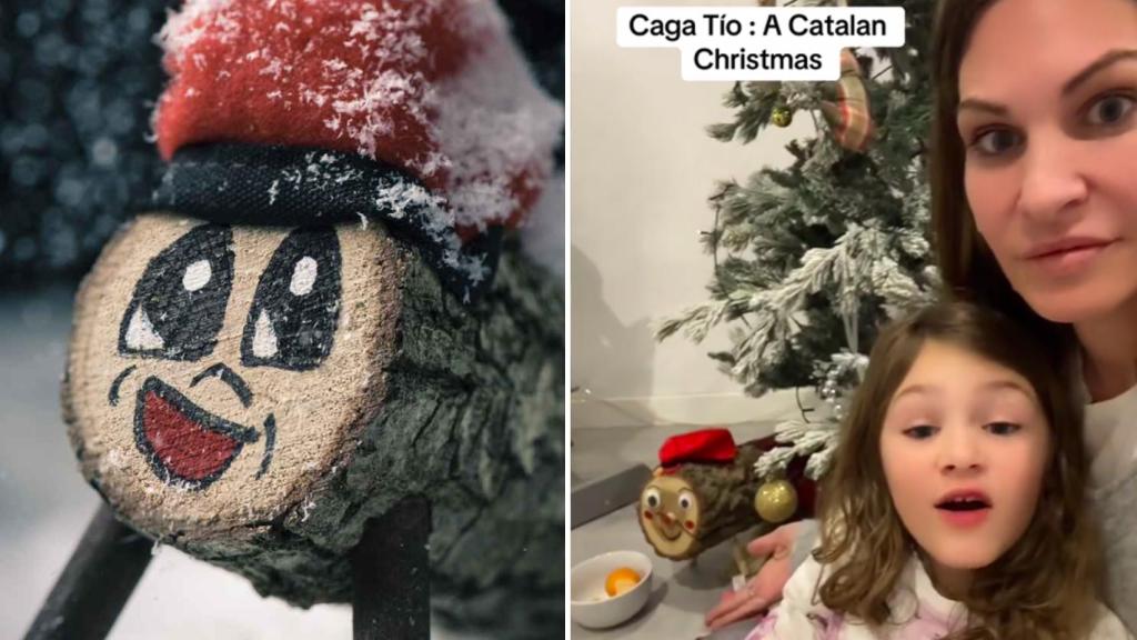 Imagen de recurso de un Caga Tió y captura del vídeo viral.