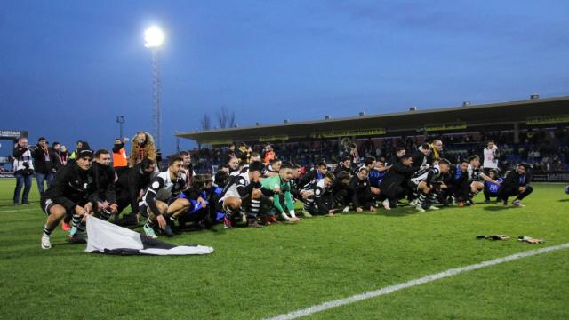 Unionistas de Salamanca celebrando su victoria frente al Sporting de Gijón en la Copa del Rey