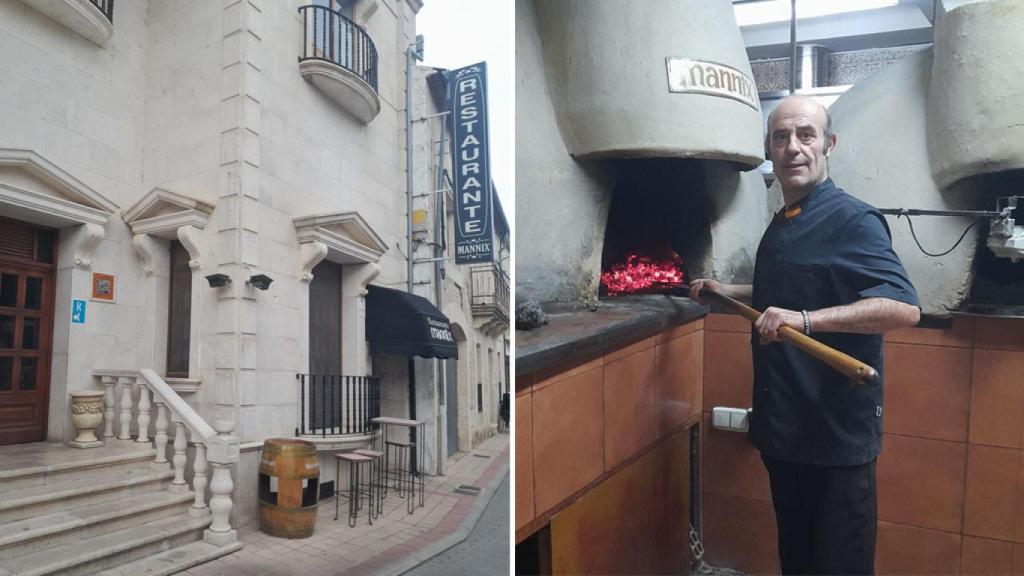 Entrada al Restaurante Mannix a la izquierda, junto a Marco introduciendo el lechazo en el horno