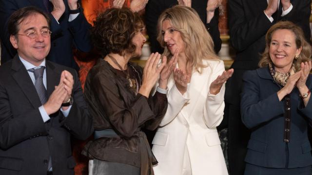 Los ministros José Manuel Albares, María Jesús Montero, Yolanda Díaz y Nadia Calviño en el acto por el Día de la Constitución.