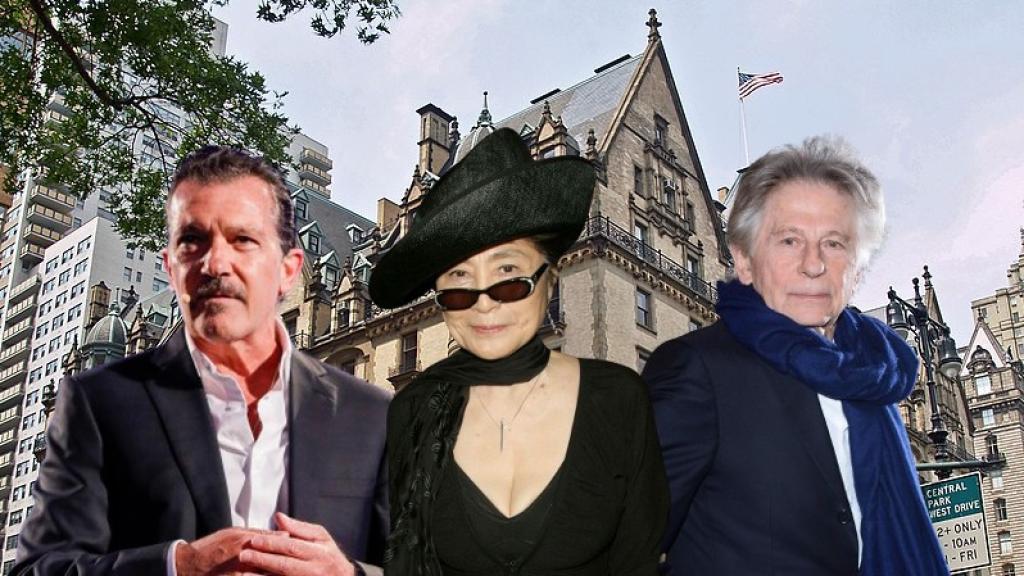 Antonio Banderas, Yoko Ono y Roman Polanski en un fotomontaje de El Español con el edificio al fondo.