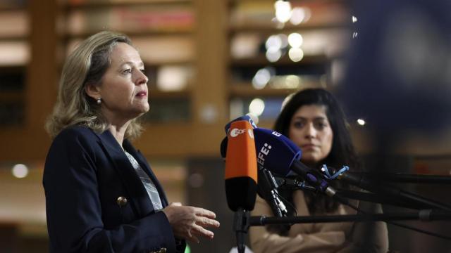 Nadia Calviño, este viernes en Bruselas, atiende a los medios tras conocerse que presidirá el BEI.