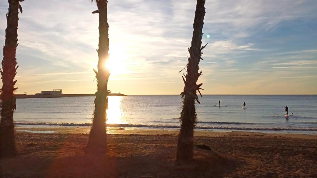 Unos paddlesurfistas disfrutando de las temperaturas agradables, esta mañana en Torrevieja.