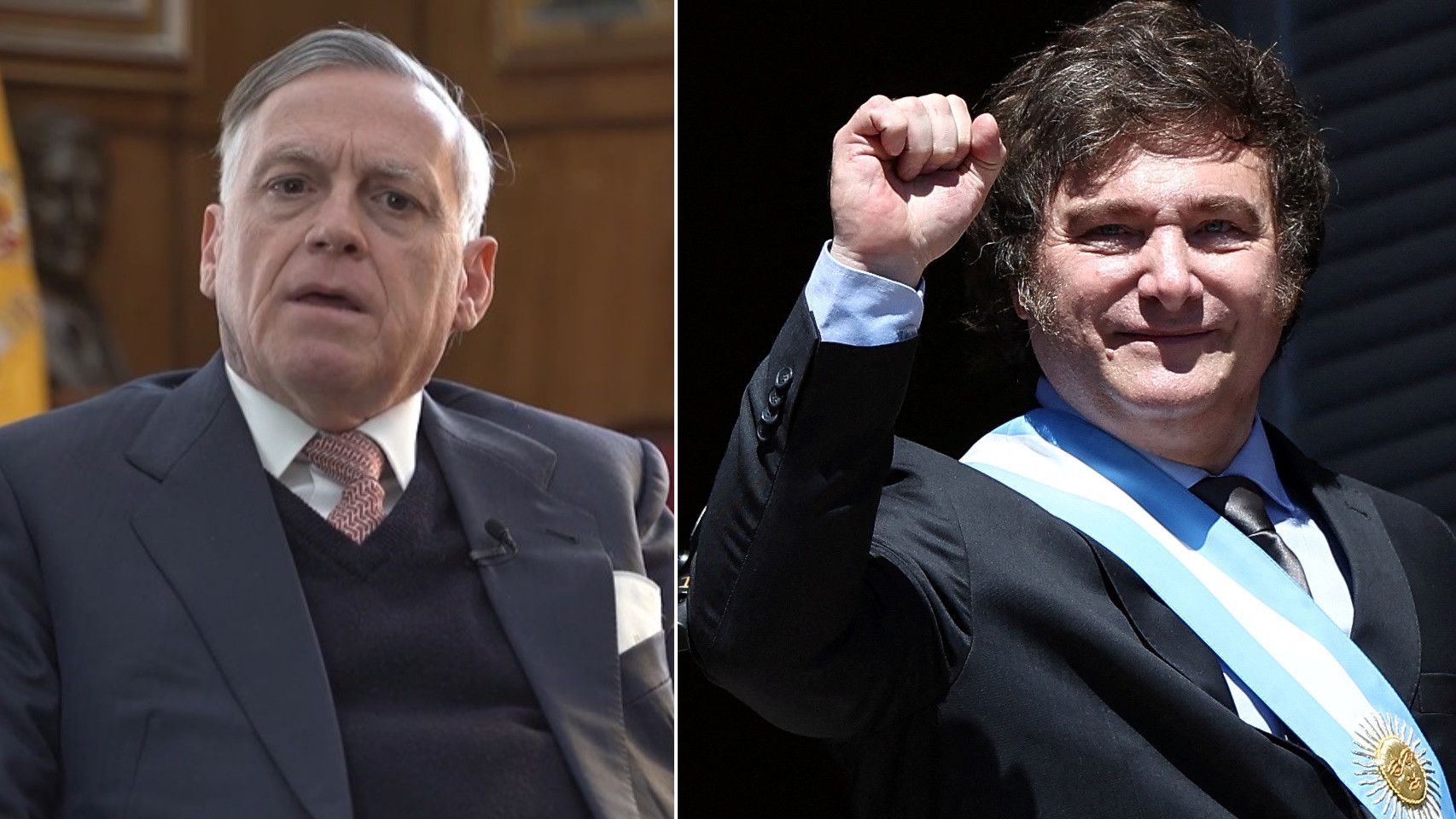 El economista Jesús Huerta de Soto (i) y el presidente de Argentina, Javier Milei (d).