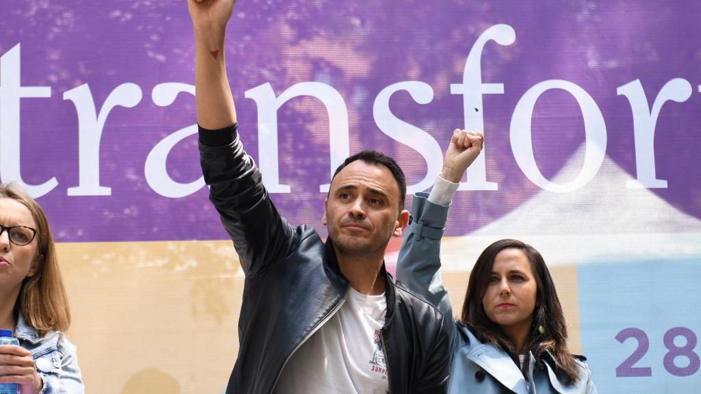 La portavoz de Unidas Podemos en la Asamblea de Madrid y candidata, Carol Alonso; el candidato de Podemos a la Alcaldía de Madrid, Roberto Sotomayor; la secretaria general de Podemos y ministra de Derechos Sociales, Ione Belarra.
