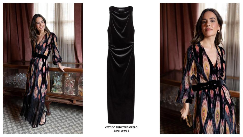 Kimono Micaela con vestido negro de terciopelo de Zara