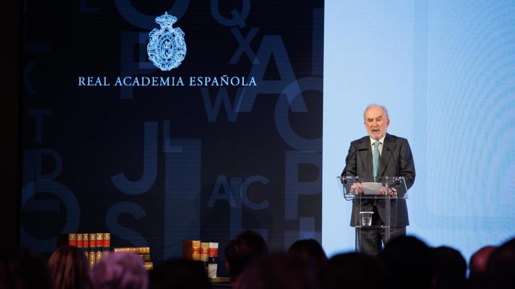 Santiago Muñoz Machado interviene en el acto de presentación de los resultados del acuerdo entre Google y la RAE, en el Palacio Real de El Pardo. Foto: Alejandro Martínez Vélez / Europa Press