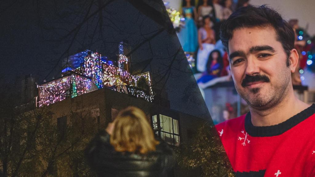 Rafael Olmedo, vecino de Carabanchel, y su ático cuidadosamente iluminado.
