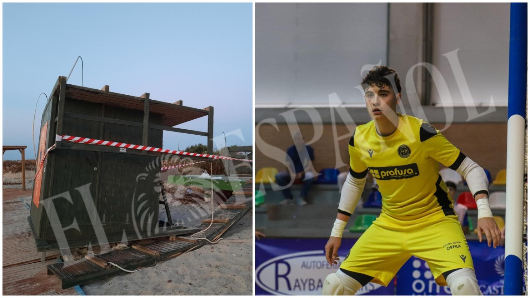 Álvaro Navarro García disputando un partido de fútbol sala, en una imagen cedida por sus padres, junto al estado en el que quedó el puesto de socorrismo de la playa de El Mojón que le arrebató la vida.