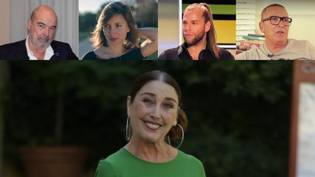 La actriz Verónica Forqué en un fotomontaje de El Español junto a los actores Antonio Resines y Candela Salguero, el diseñador Eduardo Navarrete y el estilista Antonio Panizza.