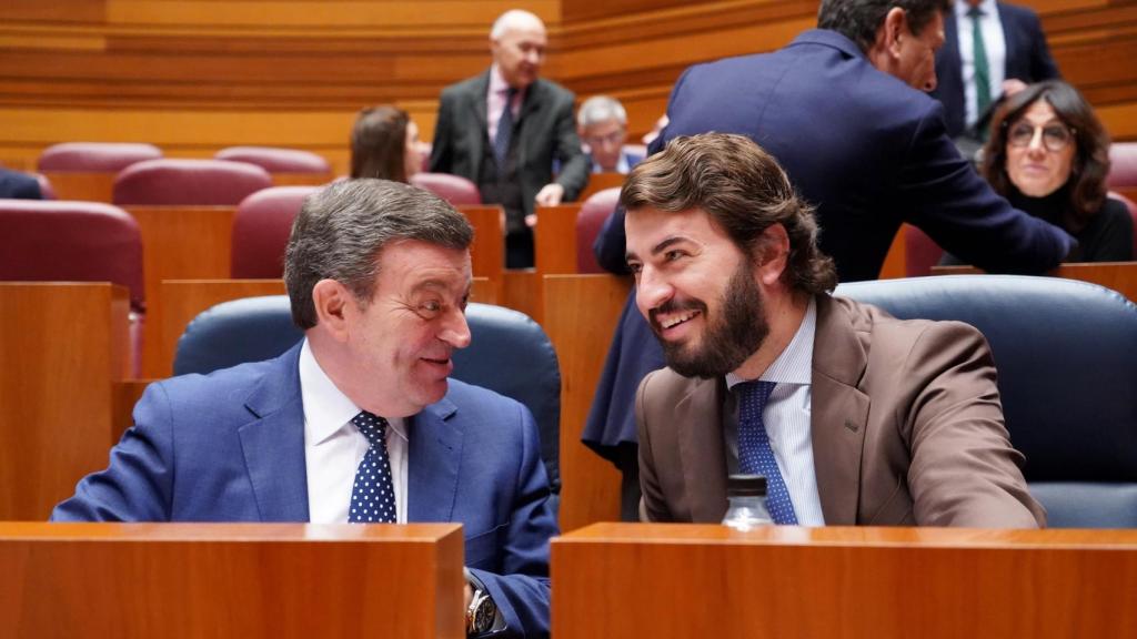 El consejero de la Presidencia, Luis Miguel González Gago, y el vicepresidente de la Junta, Juan García-Gallardo, en el pleno de las Cortes de esta semana.