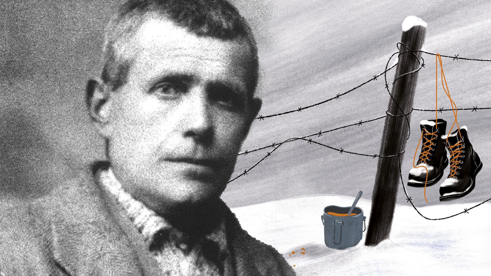A la izda., una de las dos únicas fotos conocidas de Lorenzo Perrone, distribuida por su sobrina Emma Barberis. A la dcha., detalle de la ilustración de Adrià Fruitós para la portada de 'El hombre que salvó a Primo Levi', de Carlo Greppi (ed. Crítica)