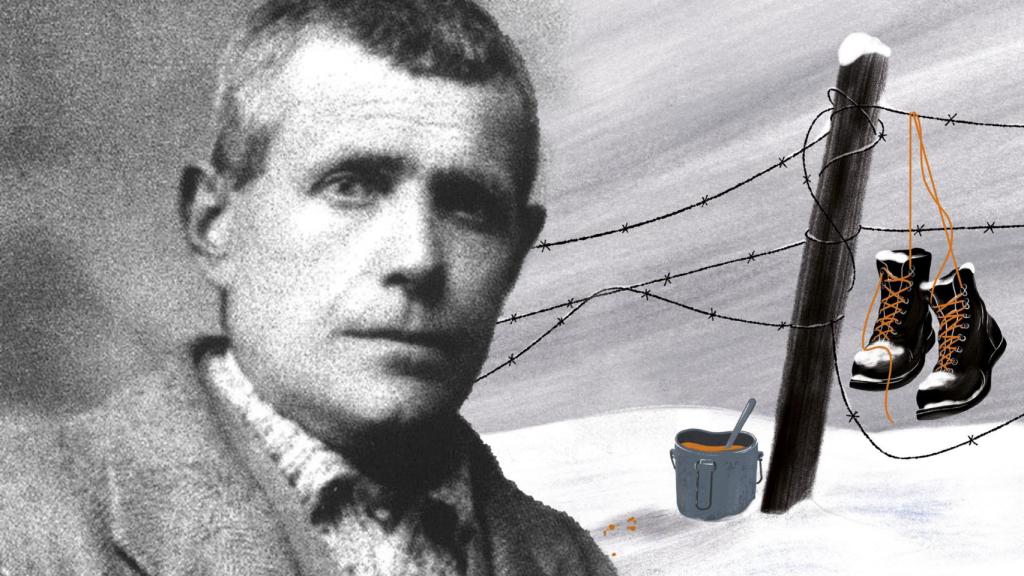 A la izda., una de las dos únicas fotos conocidas de Lorenzo Perrone, distribuida por su sobrina Emma Barberis. A la dcha., detalle de la ilustración de Adrià Fruitós para la portada de 'El hombre que salvó a Primo Levi', de Carlo Greppi (ed. Crítica)