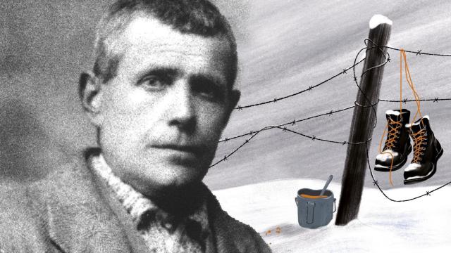 A la izda., una de las dos únicas fotos conocidas de Lorenzo Perrone, distribuida por su sobrina Emma Barberis. A la dcha., detalle de la ilustración de Adrià Fruitós para la portada de 'El hombre que salvó a Primo Levi', de Carlo Greppi (ed. Crítica)