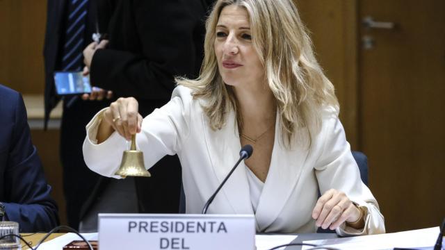 La vicepresidenta segunda, Yolanda Díaz, durante una reunión en Bruselas