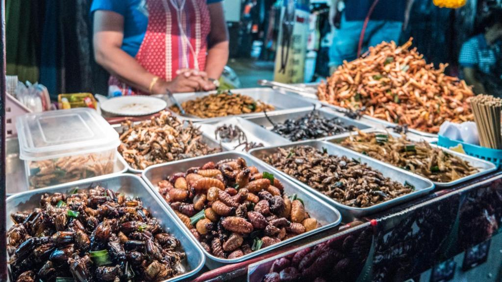 Un puesto callejero de insectos en Bangkok, Tailandia.