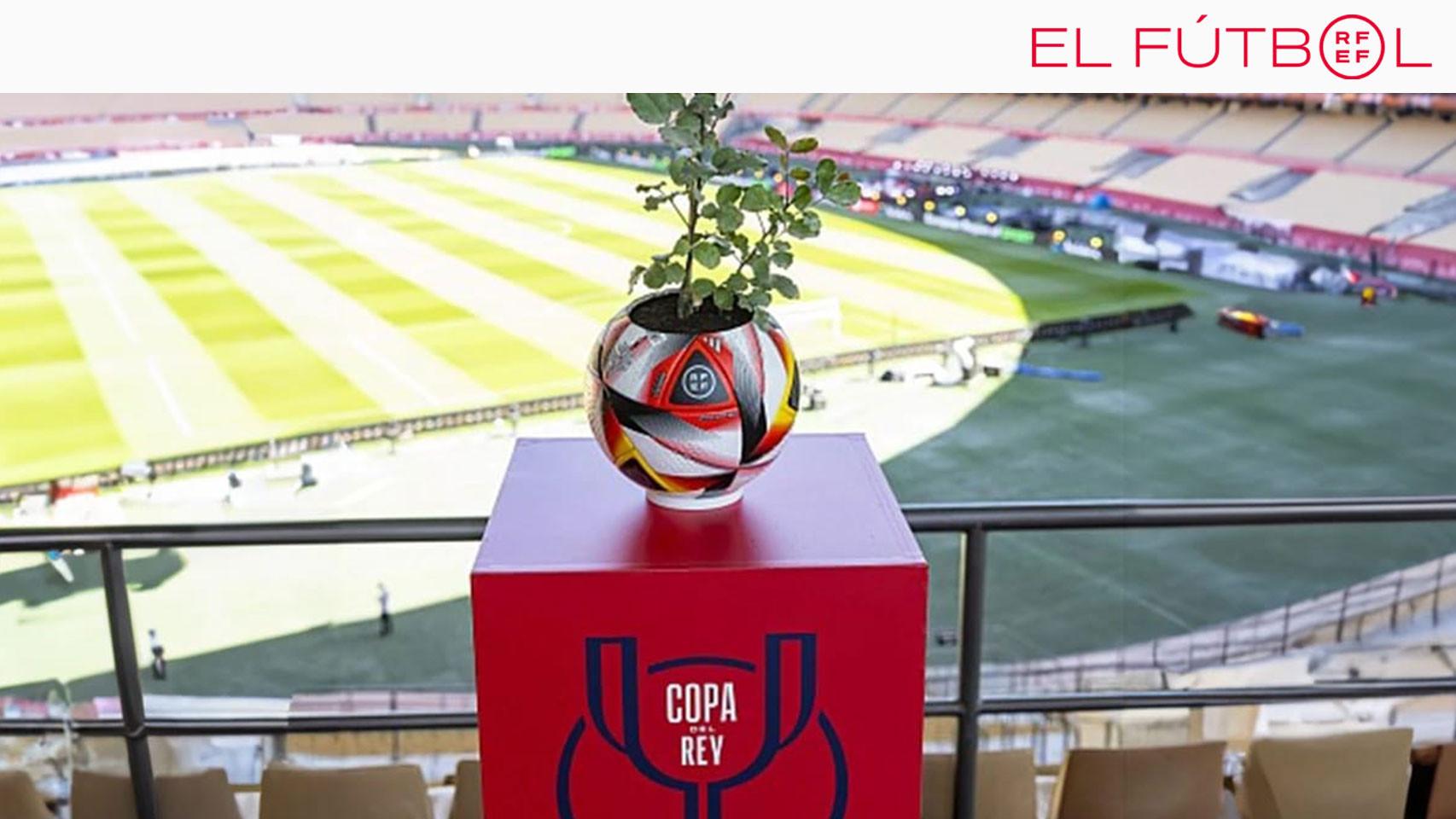 La imagen de un árbol creciendo dentro de un balón de fútbol