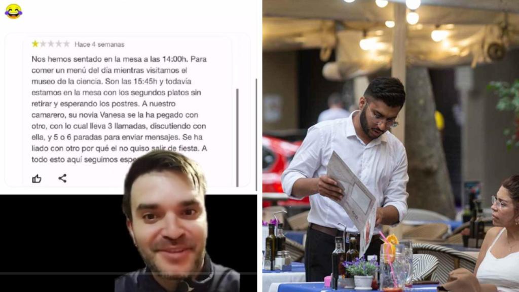 Captura de pantalla del vídeo viral y la imagen de recurso de un camarero.