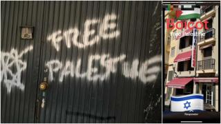 Images of the graffiti that appeared on a synagogue in Madrid and calling for a boycott of Jewish businesses in Melilla.