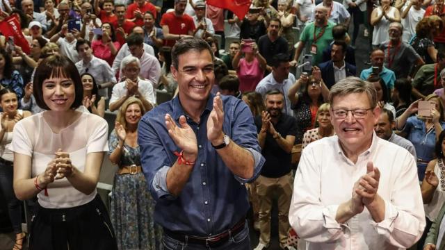 Diana Morant, Pedro Sánchez y Ximo Puig, en un mitin reciente.