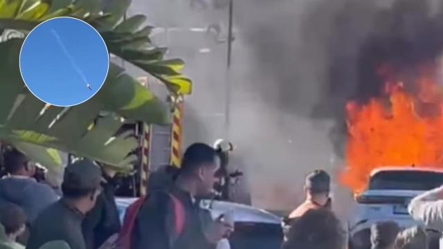 El incendio del vehículo y el trozo del coche que salió volando.