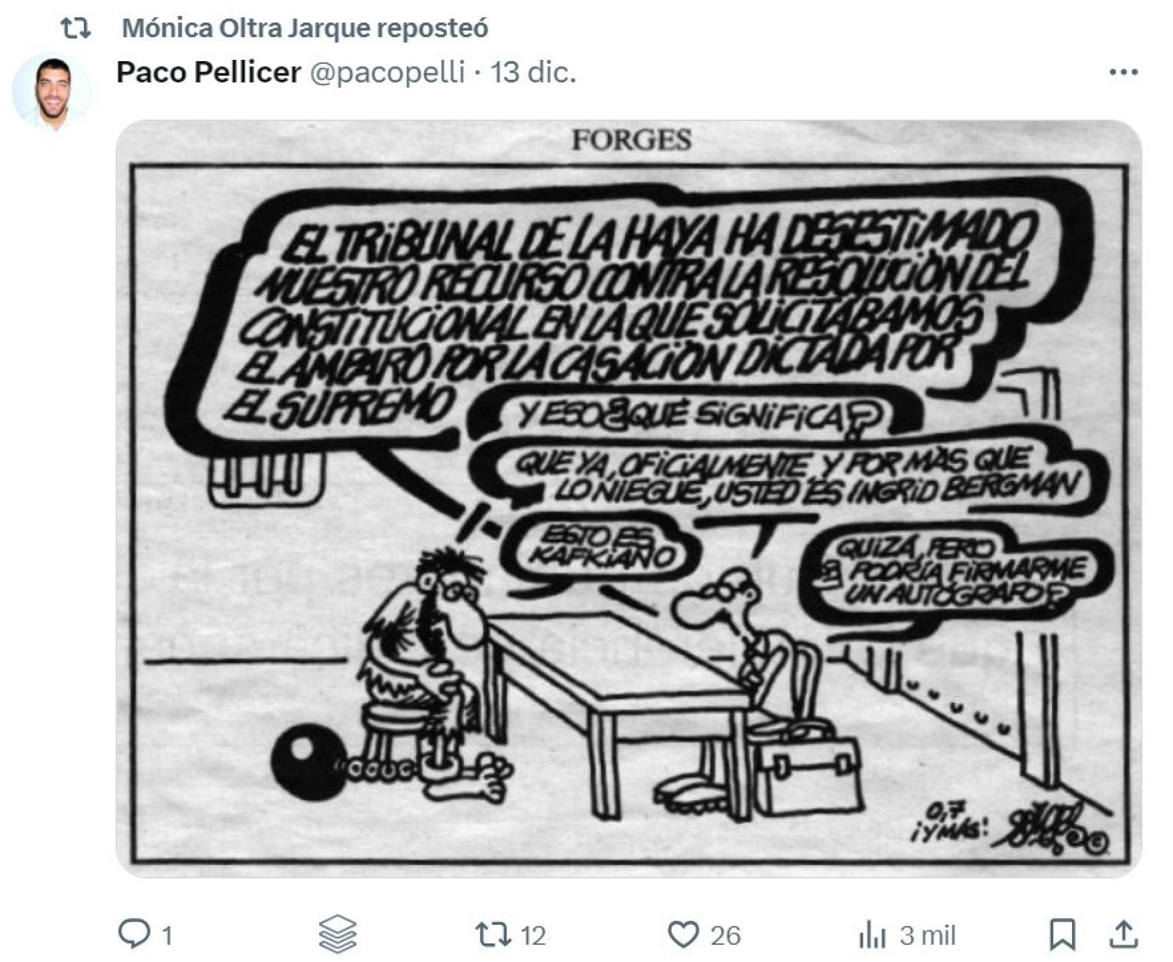 Viñeta de Forges compartida por Oltra tras la sentencia por abusos a su exmarido. EE
