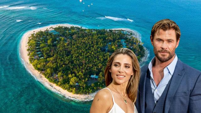 Montaje de EL ESPAÑOL de Elsa Pataky y Chris Hemsworth en una isla de Tavarua, que tiene forma de corazón.