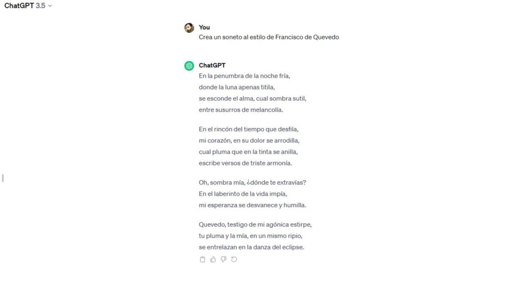 Captura de pantalla de un soneto generado por ChatGPT.