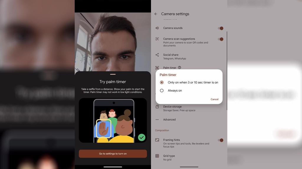 Imagen del recordatorio de Google para usar la función de palma de mano para selfies