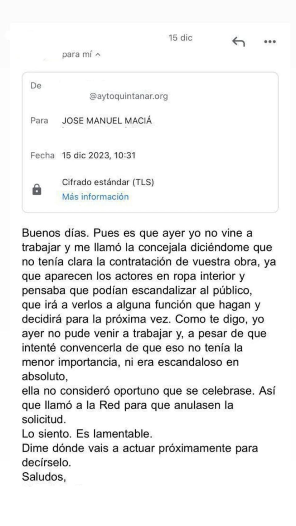 Correo electrónico enviado del departamento a Maciá.